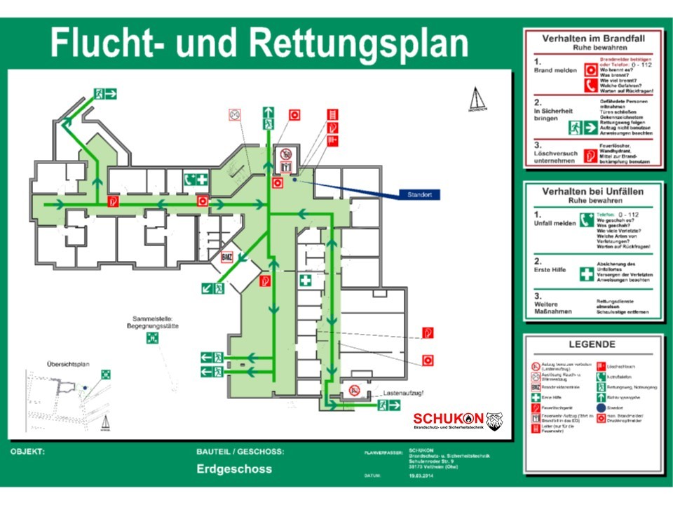Flucht- und Rettungswegplan in einem öffentlichen Gebäude im Raum Braunschweig